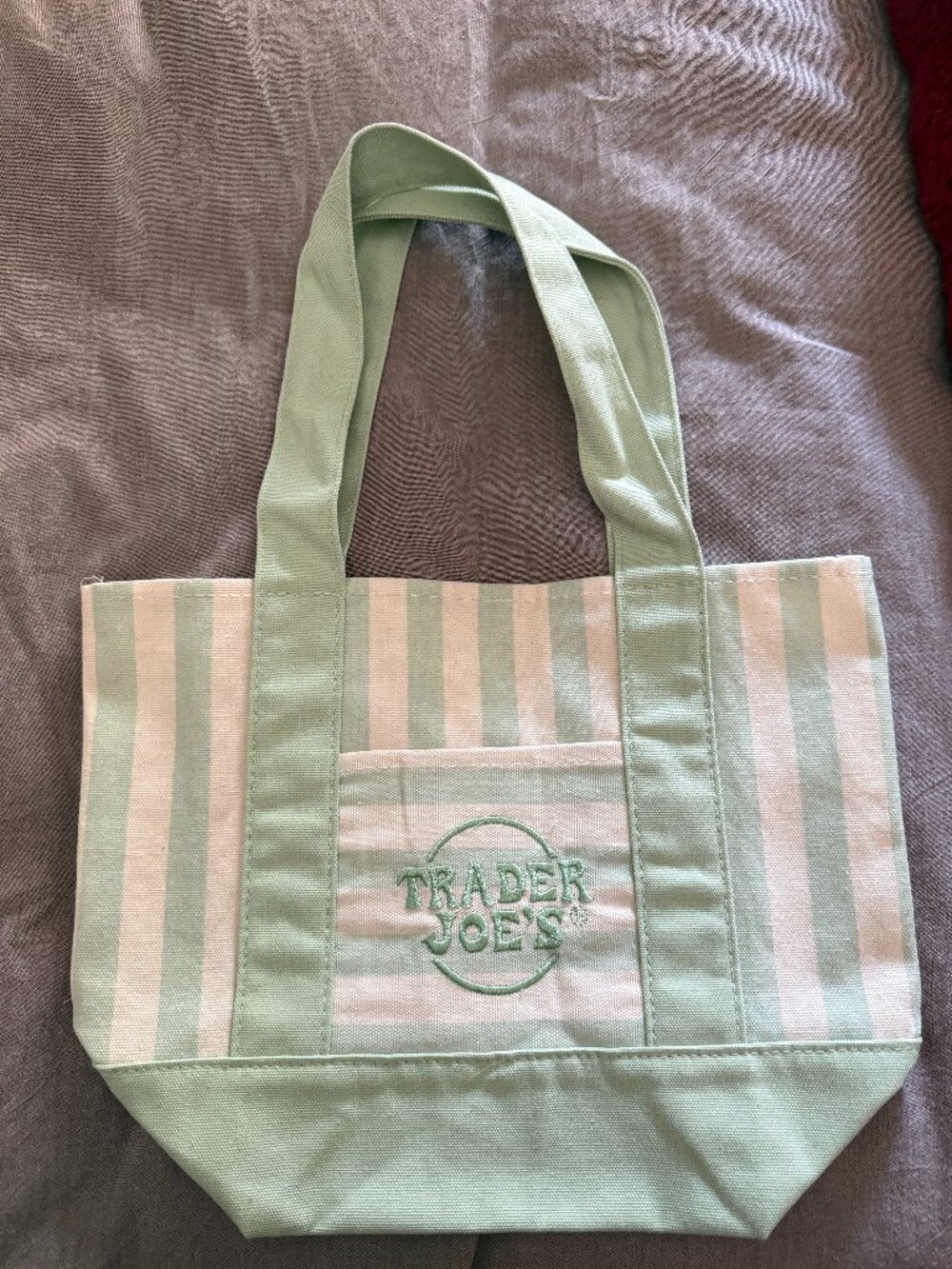 Trader Joe's Sage Green & Cream Striped Mini Canvas Tote Bag